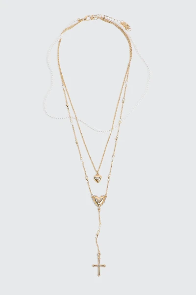 Collier 3 rangs à pendentifs de cœur et de croix