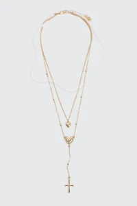 Collier 3 rangs à pendentifs de cœur et de croix