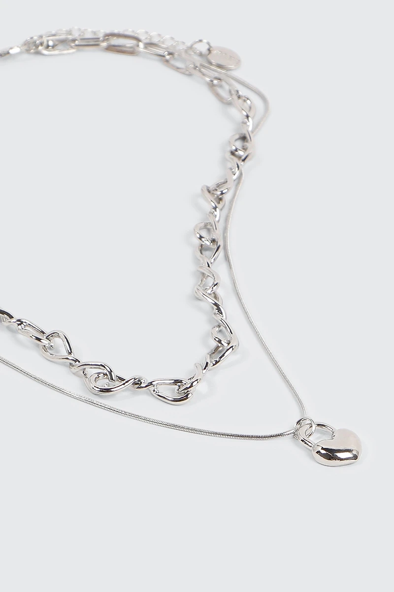 Two-Row Twist Chain & Lock Pendant Necklace