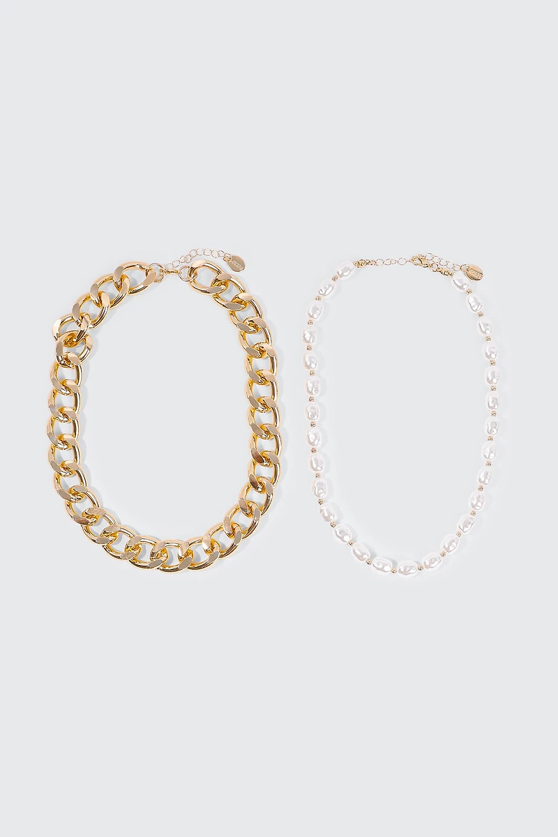 2-Pack Curb Chain & Pearl Necklaces