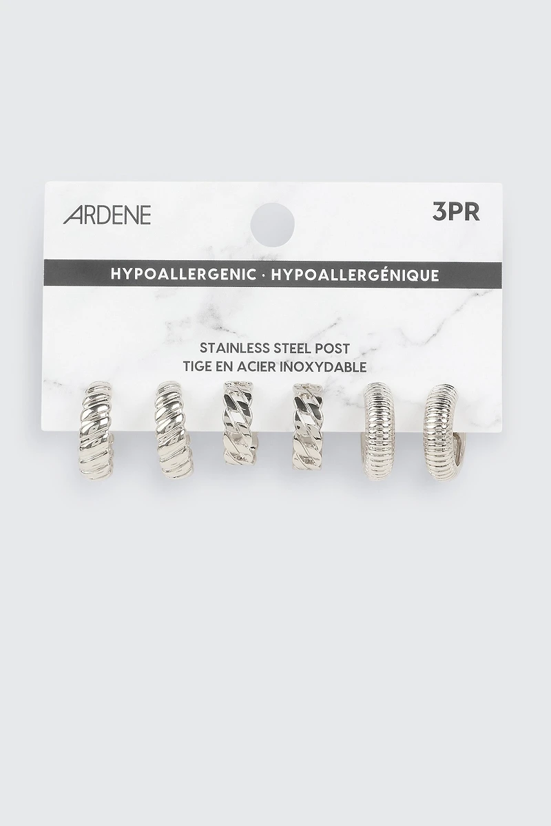 3-Pack Textured Hoop Earrings