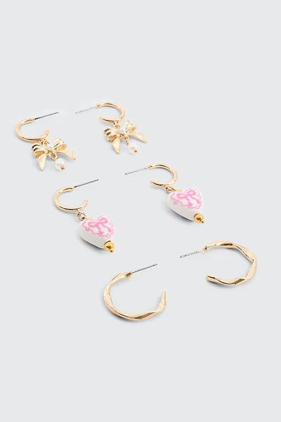 3-Pack Bow & Heart Hoop Earrings