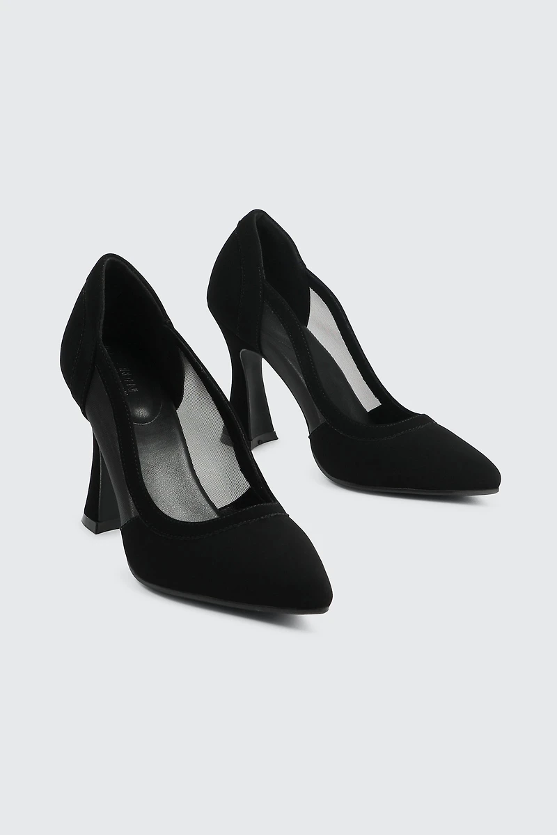 Mesh & Faux Suede Flare Heel Pumps