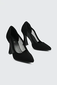 Mesh & Faux Suede Flare Heel Pumps
