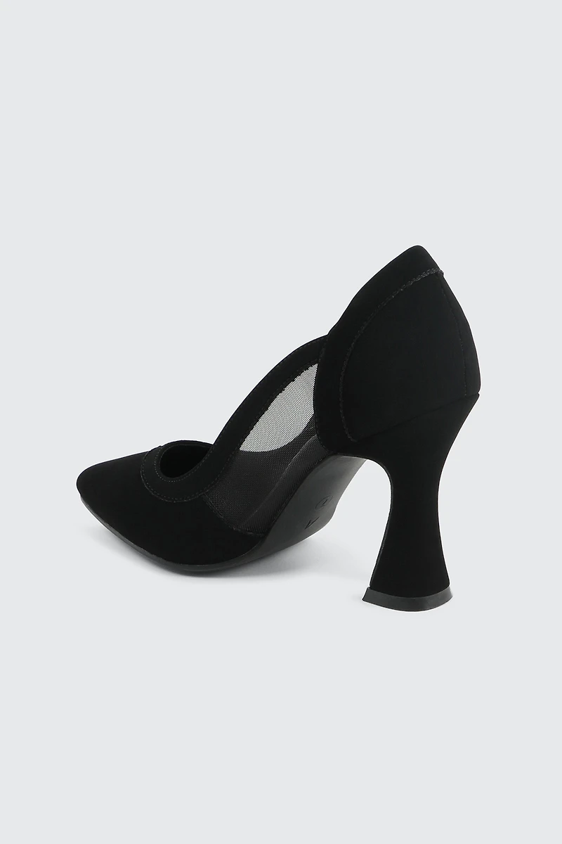 Mesh & Faux Suede Flare Heel Pumps