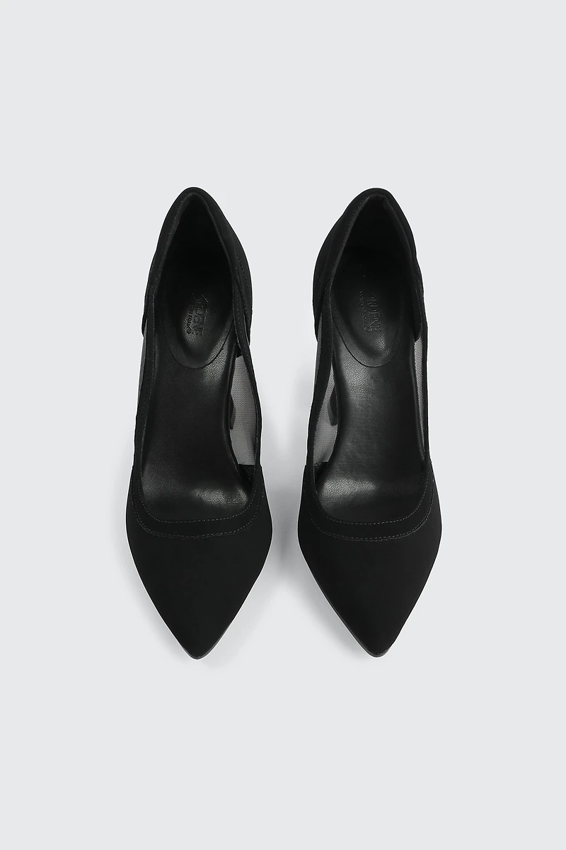 Mesh & Faux Suede Flare Heel Pumps
