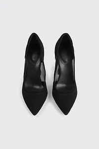 Mesh & Faux Suede Flare Heel Pumps