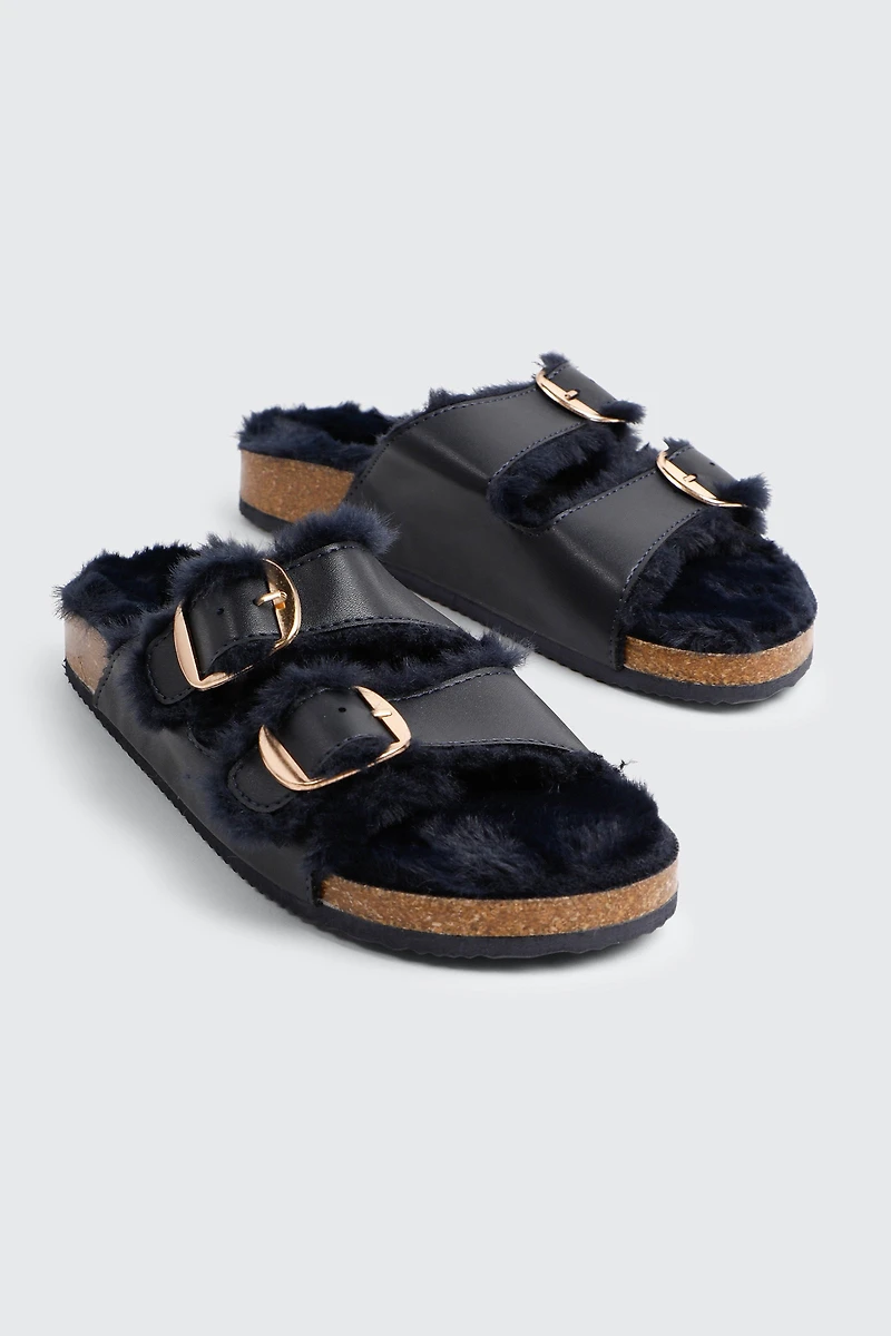 Faux Fur Lined Buckled Sandals