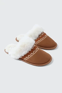 Slippers with Faux Fur Trim and Embroidery