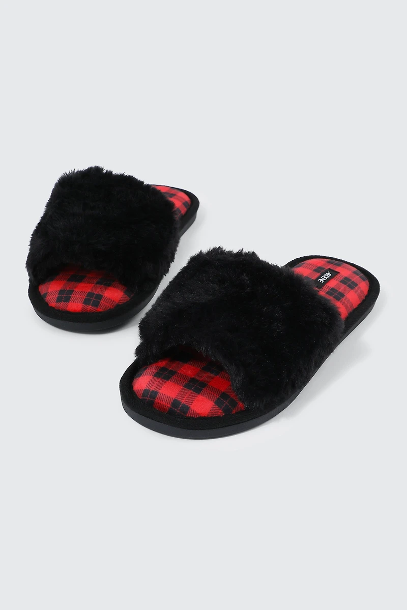 Plaid Faux Fur Slippers