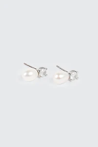14K White Gold Plated Pearl Stud Earrings