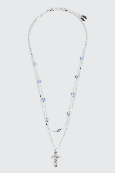Two-Row Necklace with Cross & Beads