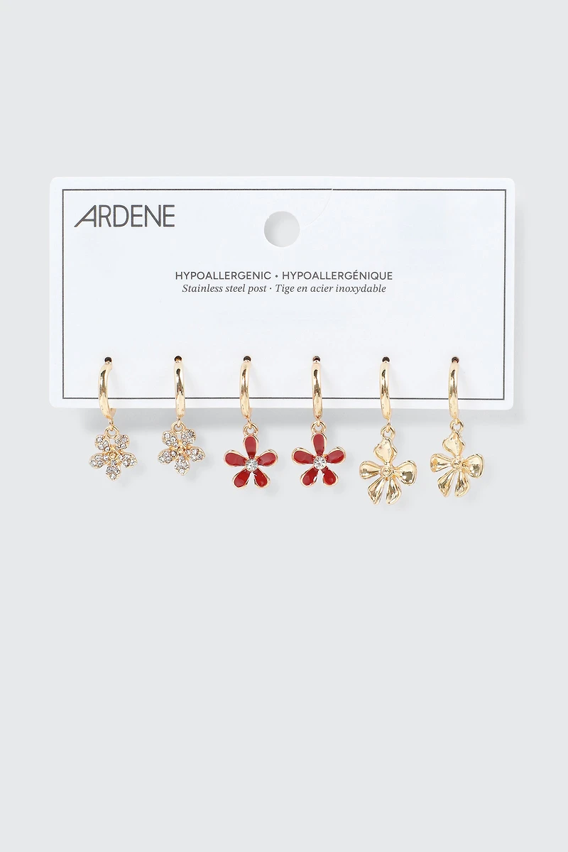 3-Pack Flower Charm Hoop Earrings