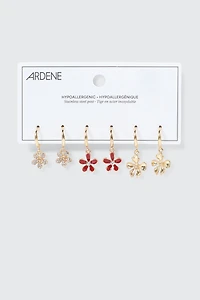 3-Pack Flower Charm Hoop Earrings