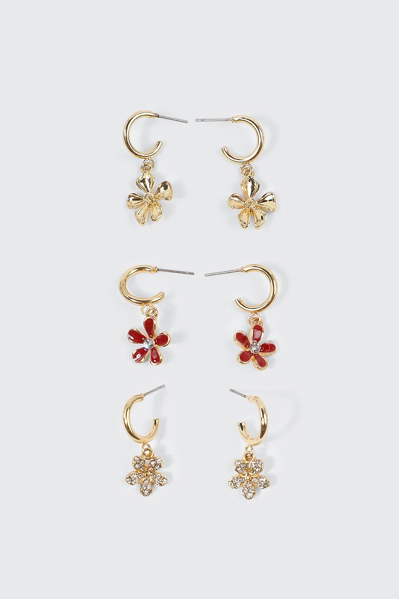 3-Pack Flower Charm Hoop Earrings