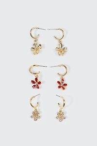 3-Pack Flower Charm Hoop Earrings