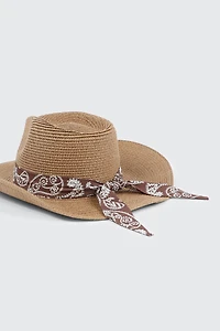 Straw Cowboy Hat with Bandana Detail