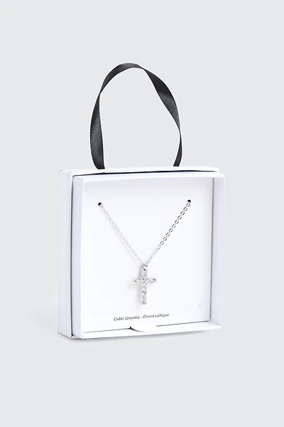 14K White Gold Plated Cross Necklace