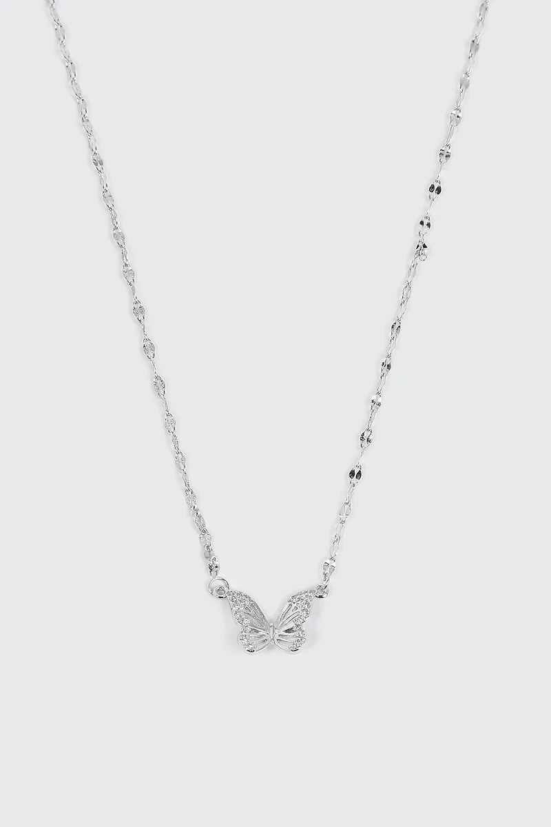 Collier papillon plaqué or blanc 14K