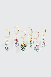 3-Pack Ceramic Flower Charm Hoops Earrings