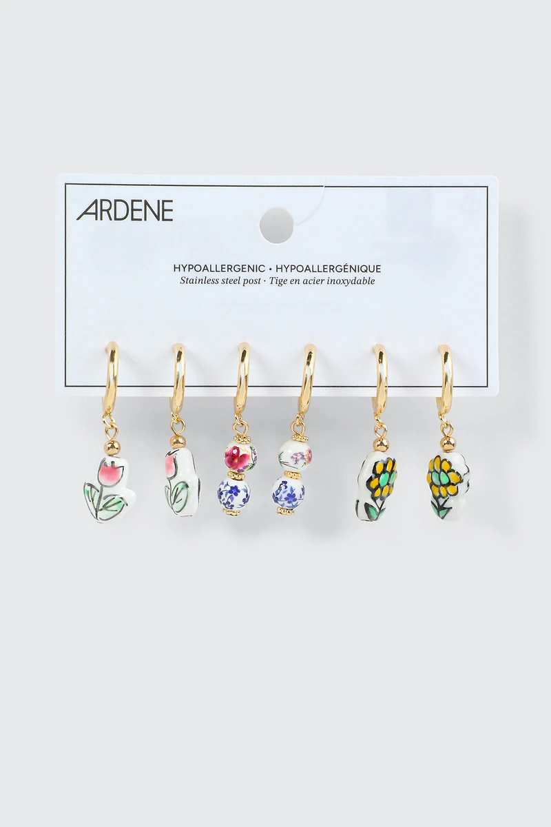 3-Pack Ceramic Flower Charm Hoops Earrings