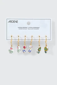 3-Pack Ceramic Flower Charm Hoops Earrings