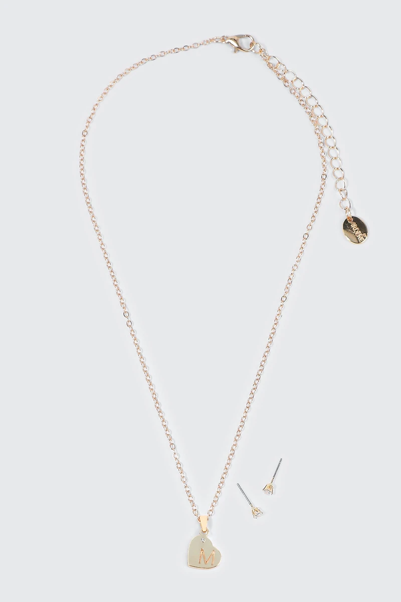 Initial M Heart Jewelry Set