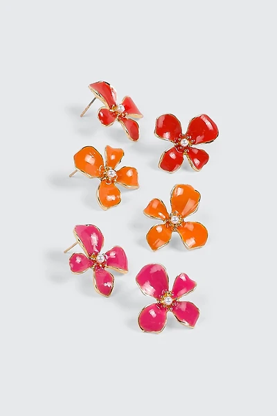 Lot de 3 paires de boucles d'oreilles à clous fleuries