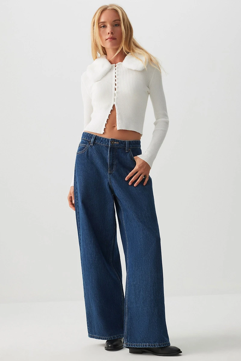 Short Cardigan with Removable Faux Fur Collar