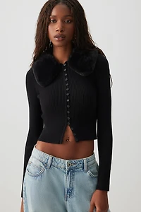 Short Cardigan with Removable Faux Fur Collar