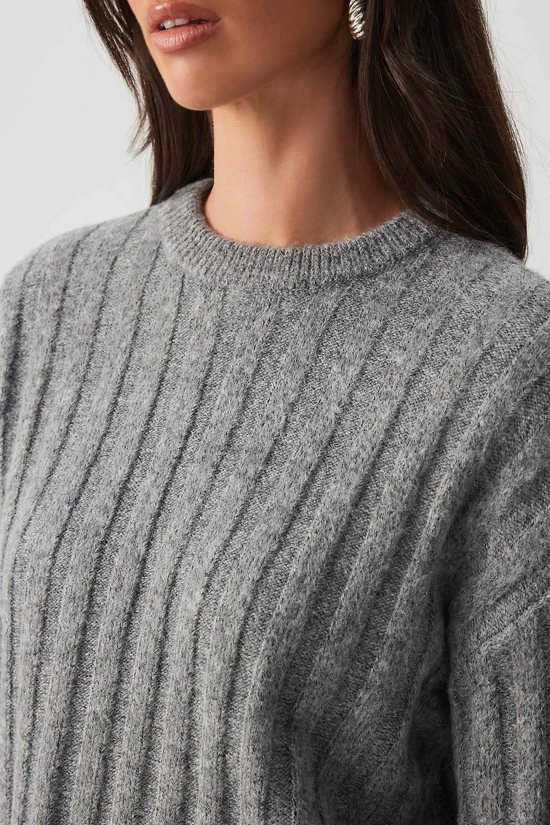 Crop Fuzzy Rib Crew Neck Sweater