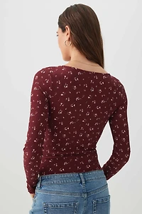 T-shirt à col V et manches longues fleuri