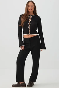 Contrast Trim Button Front Crop Cardigan