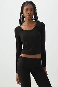 Stretch Rib Scoop Neck Long Sleeve Top