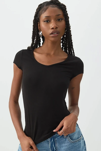 Stretch Rib Scoop Neck Cap Sleeve Top