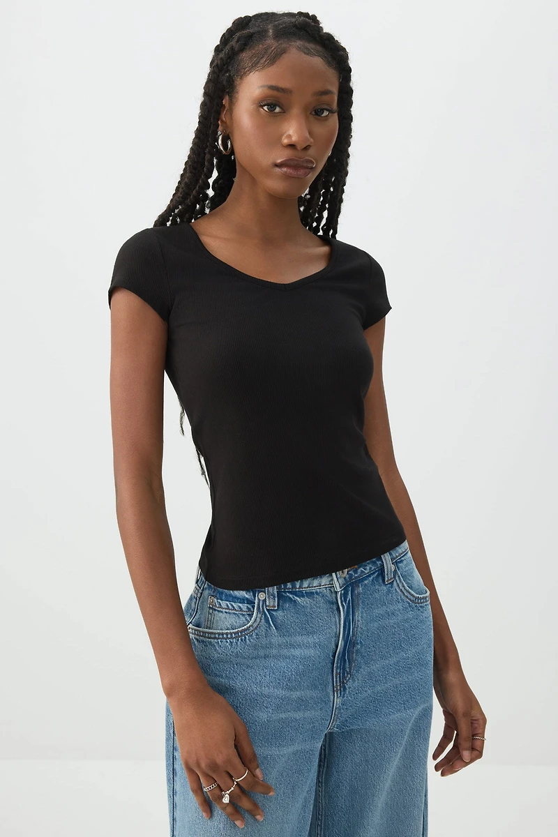 Stretch Rib Scoop Neck Cap Sleeve Top