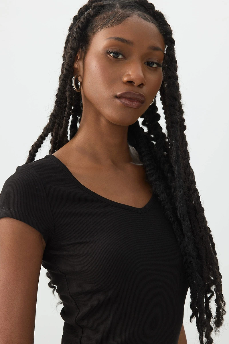 Stretch Rib Scoop Neck Cap Sleeve Top