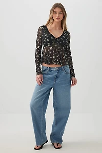 Printed Mesh V-Neck Blouse