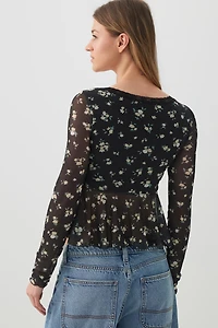 Printed Mesh V-Neck Blouse