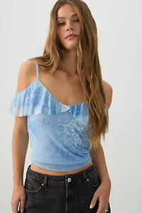 Mesh Cold Shoulder Short Sleeve Top