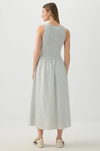 Robe midi smockée à col ras-du-cou