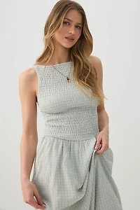 High Neck Smocked Midi Dress