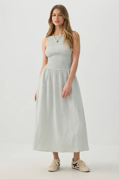 High Neck Smocked Midi Dress