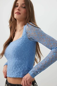 Lace Trapeze Neck Long Sleeve Top