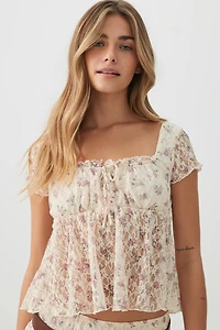 Textured Lace Short Sleeve Peasant Top