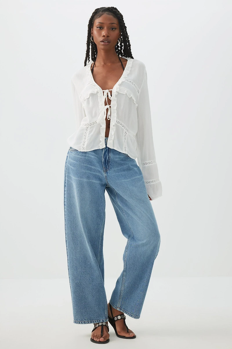 Crinkled Tie Front Blouse with Ruffles