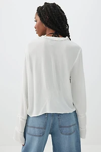 Crinkled Tie Front Blouse with Ruffles