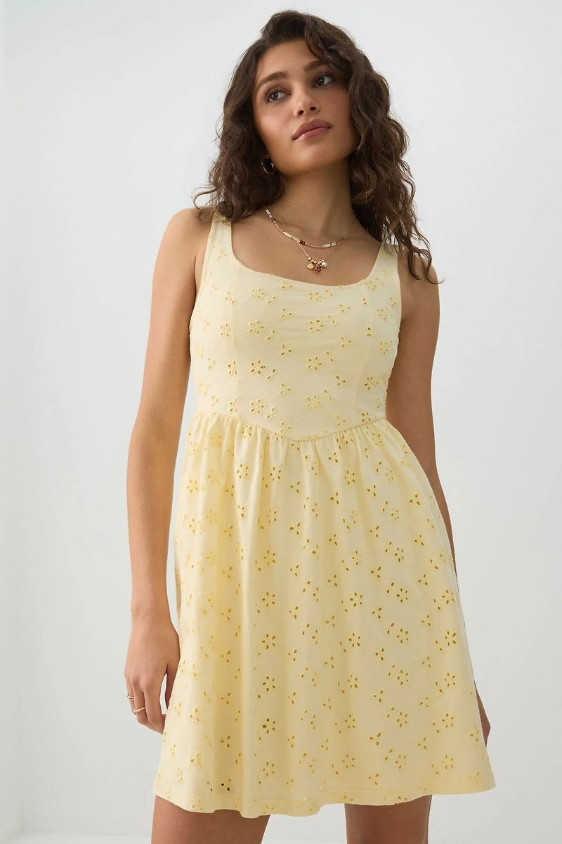 Eyelet Mini Dress with V Waist detail