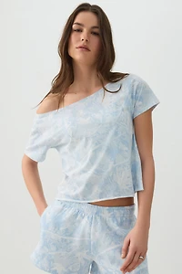 T-shirt à épaule dénudée camouflage bleu