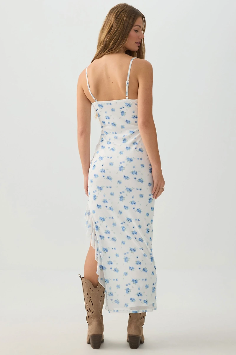 Robe maxi à volants en maille fleurie